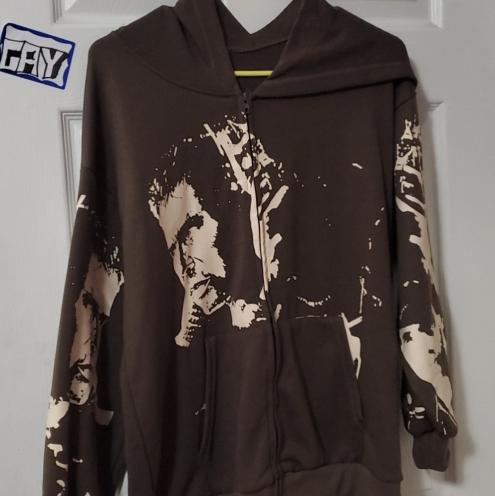 Brown zip up with graphic print